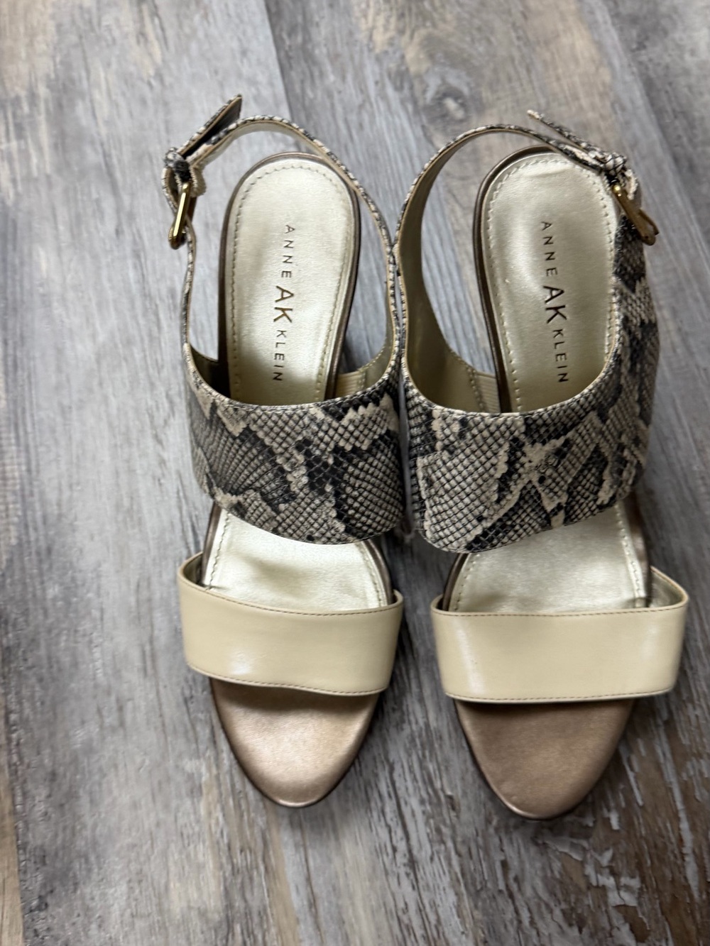 Anne Klein Neutral Snake-Print & Beige Block Heel Sandals